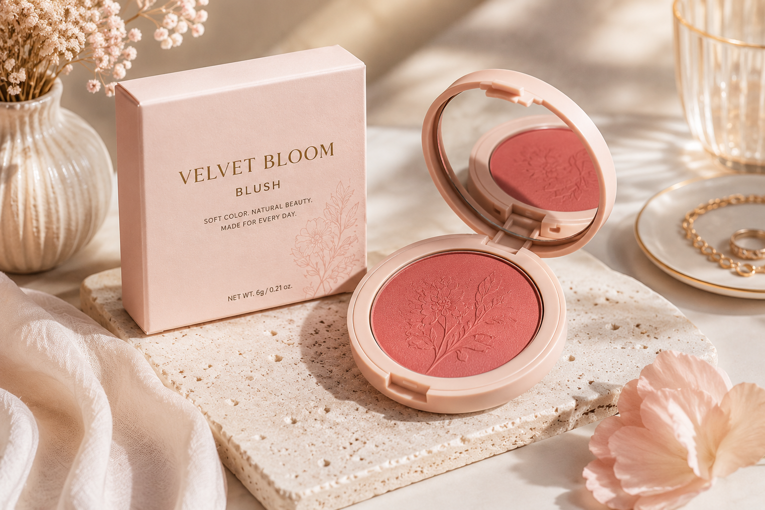 Velvet Bloom Blush — open compact showing rose pink powder with botanical embossed pattern