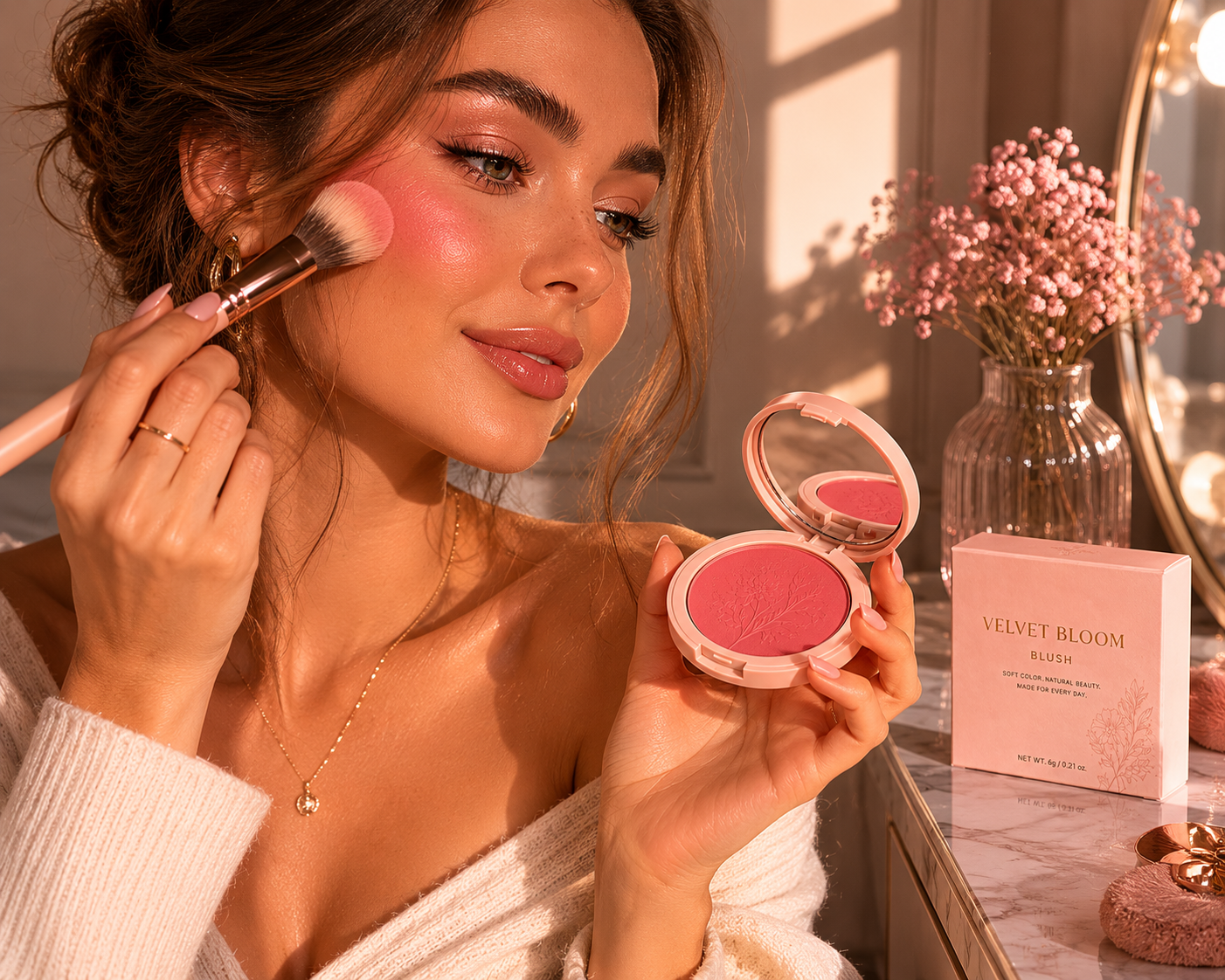 Model applying Velvet Bloom Blush with a powder brush at a vanity